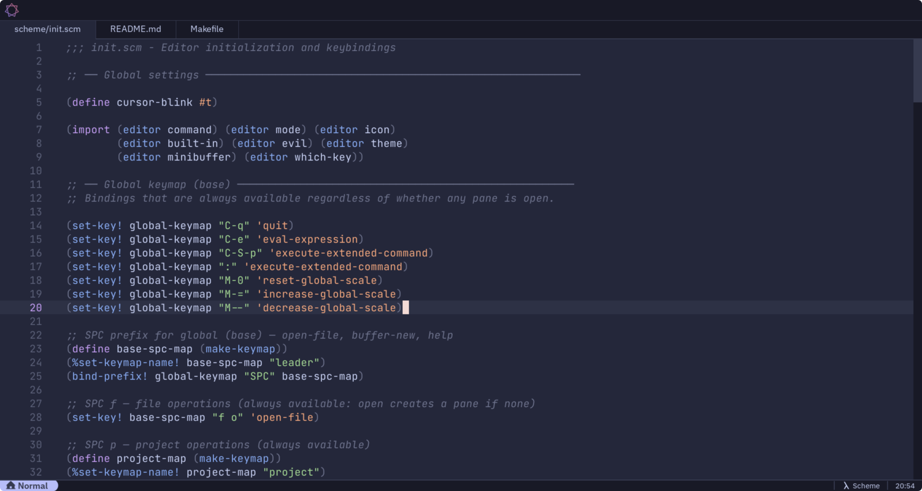 Sev editor showing Scheme configuration code